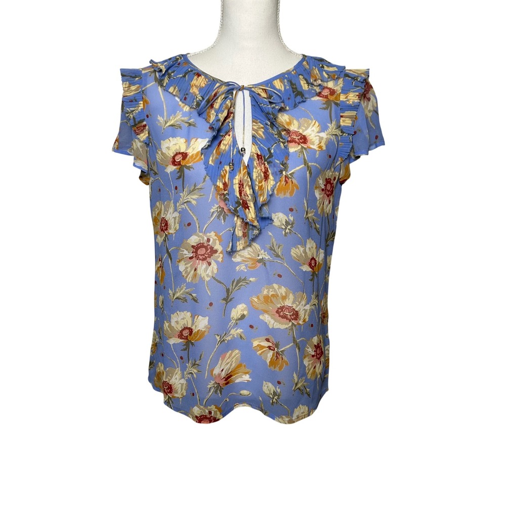 PAIGE Womens Caruso silk dream blue poppy meadow color ruffle blouse S